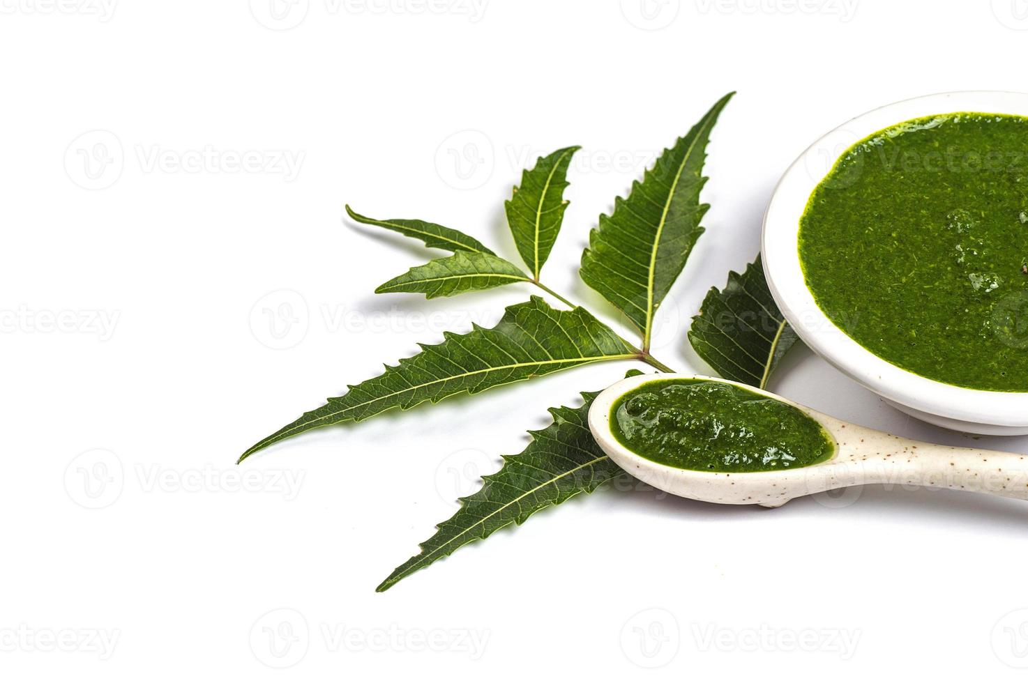 Medicinal Neem leaves with neem paste in spoon and plate on white background Azadirachta indica photo