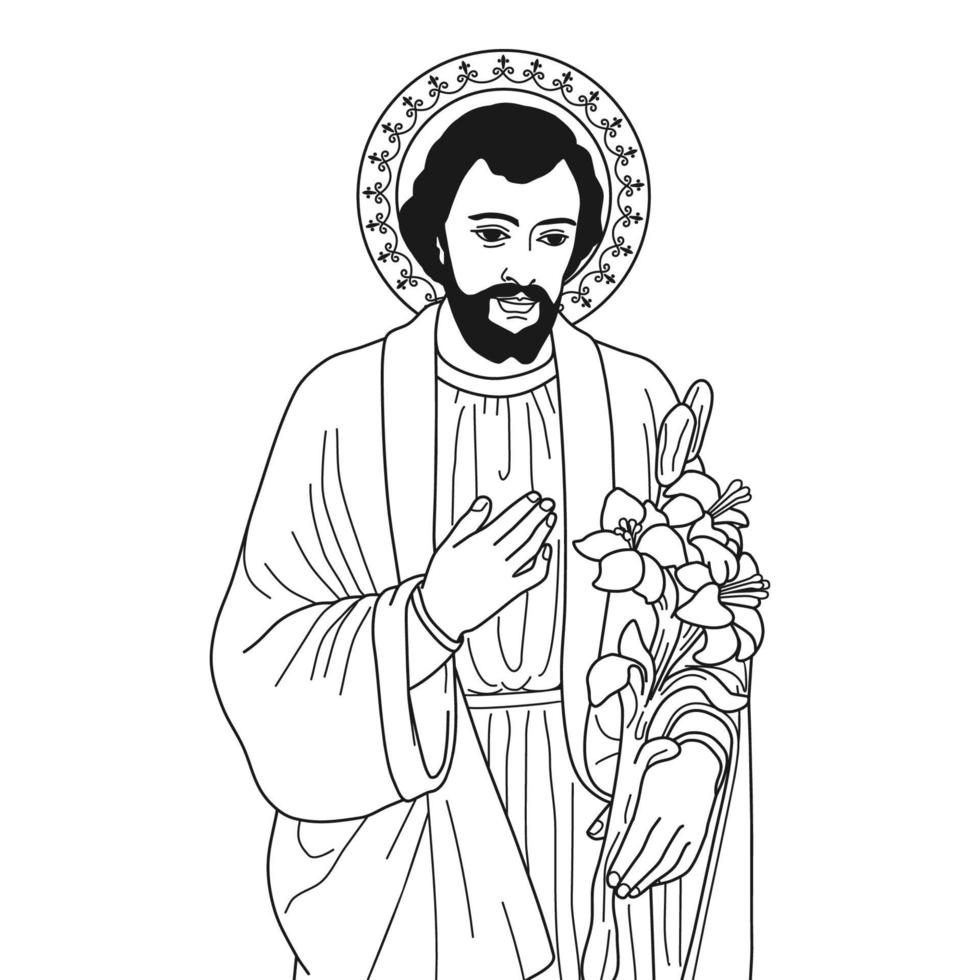 Saint Joseph of Nazareth Vector Illustration Monochrome Outline