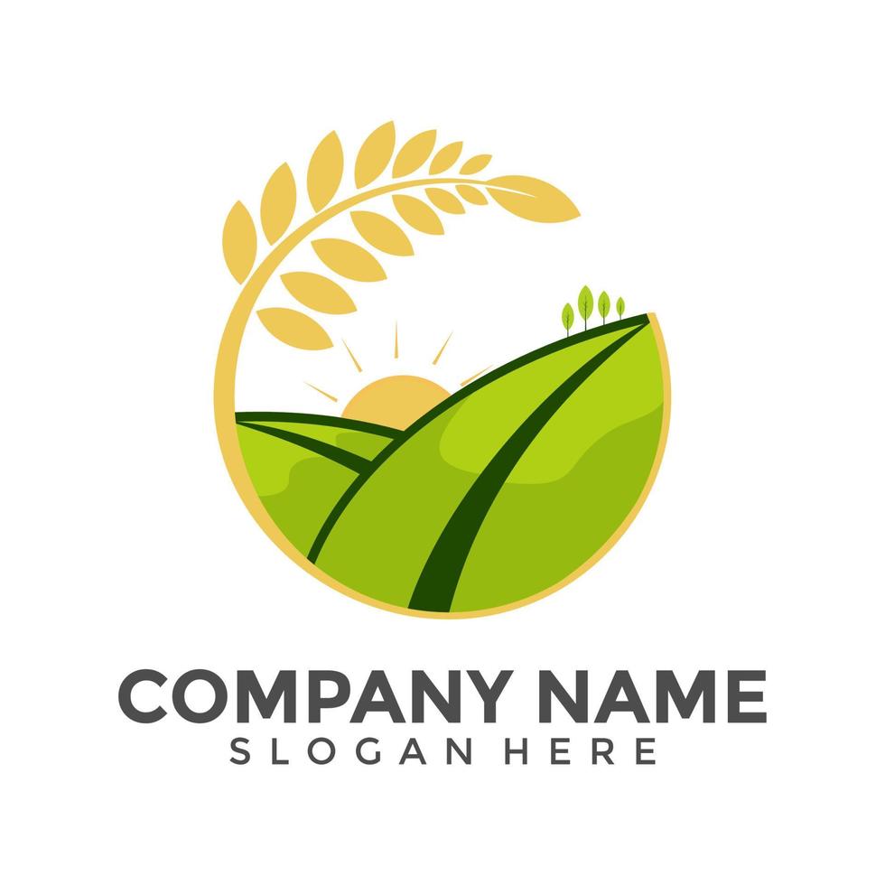 Farm house concept logo. Template with farm landscape. vector