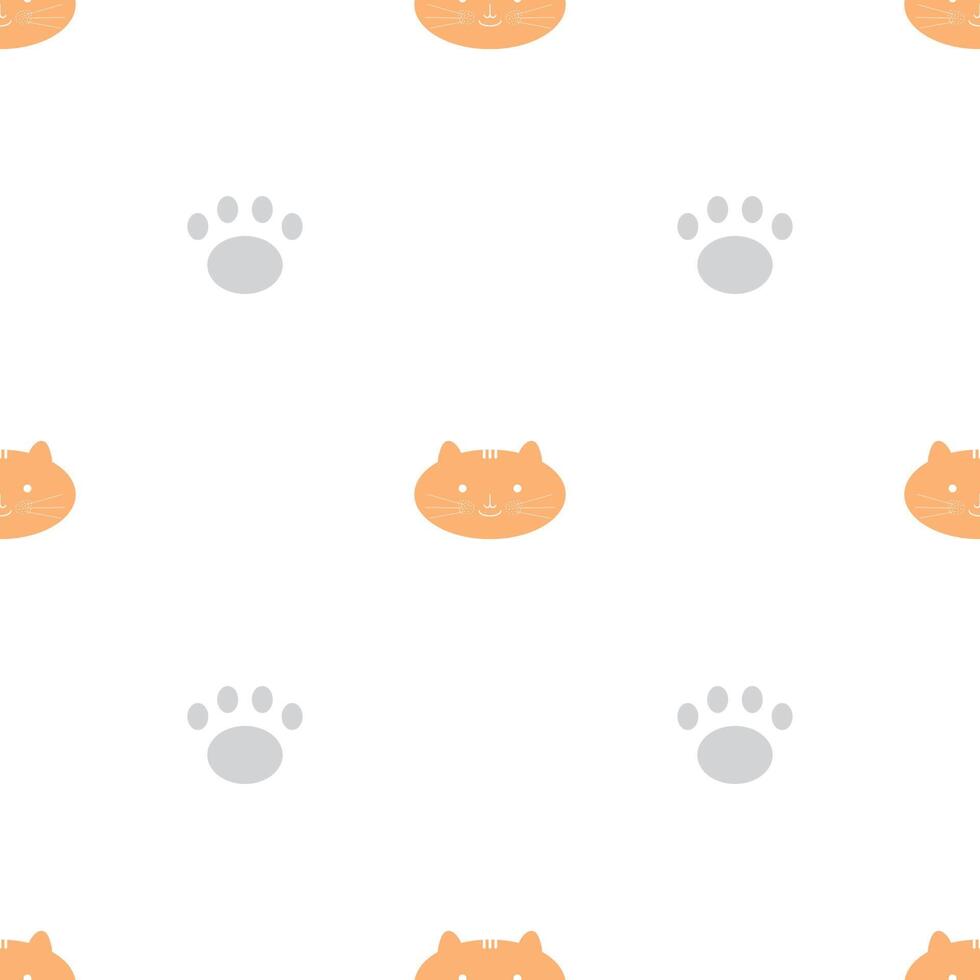 Seamless pattern with cat, tiger, and cat paw on white background. Vector illustration.