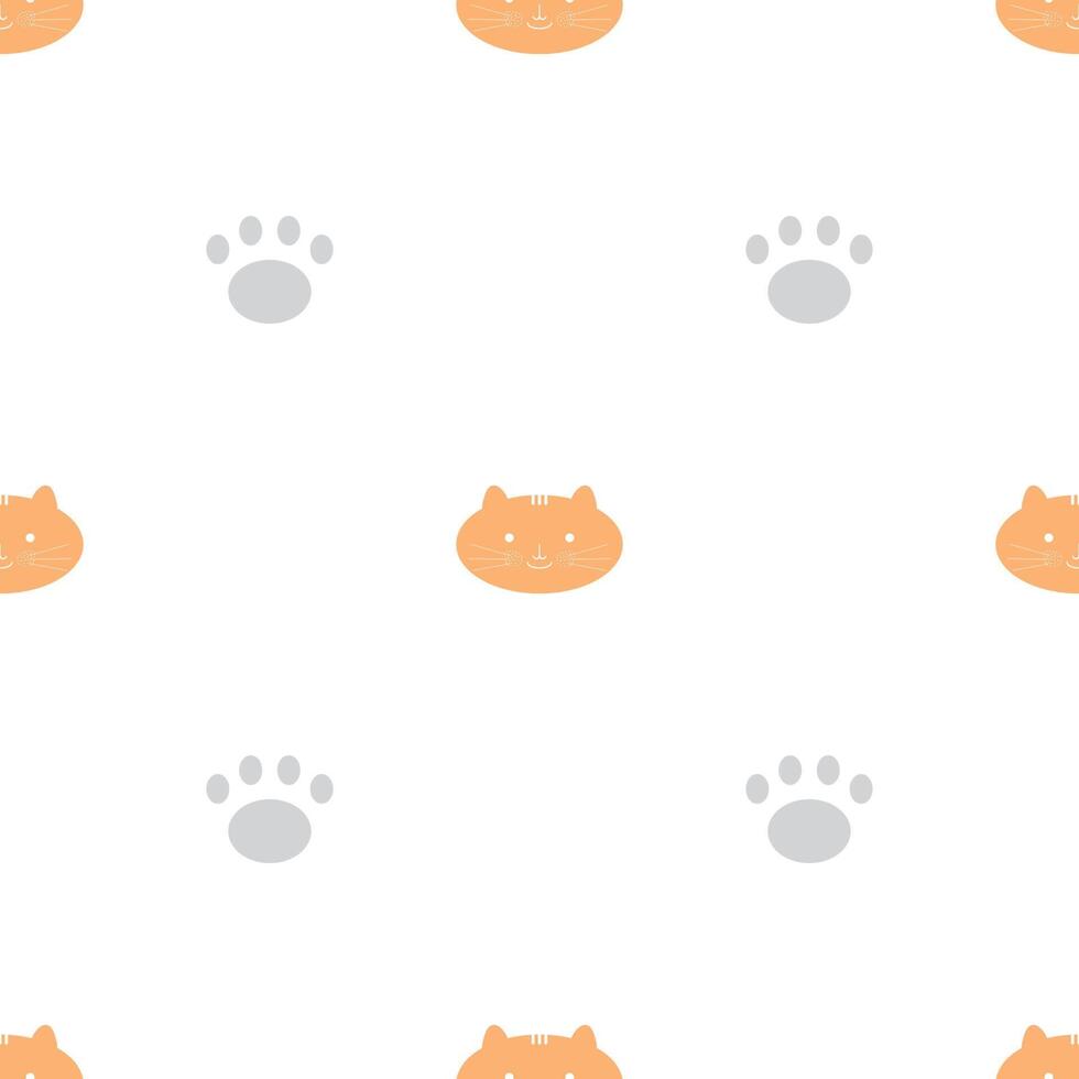 Seamless pattern with cat, tiger, and cat paw on white background. Vector illustration.