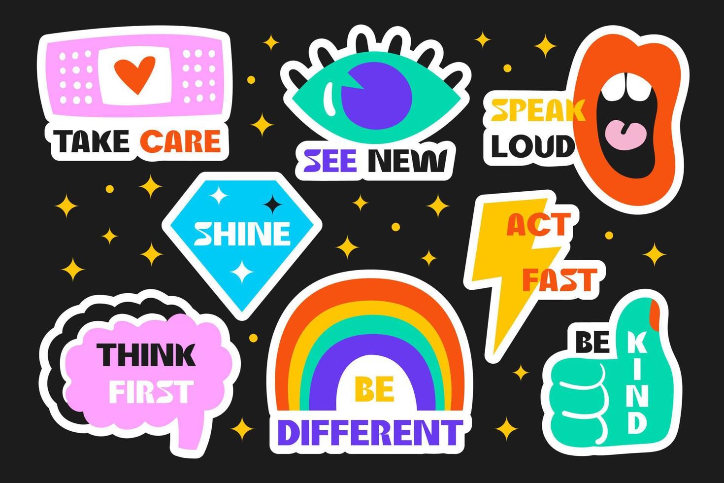 Modern trendy stickers set with motivational phrases. Eye, mouth, brain, flash, like, diamond, rainbow. Bright colors. Social issues. Personal support. Mental health. vector