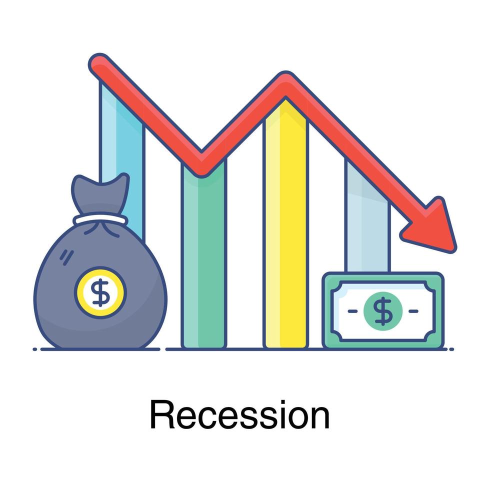 Downward graph with mine bag showing concept of recession icon vector