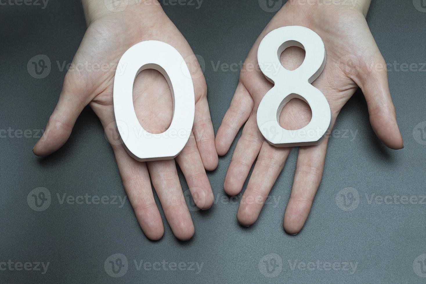 On the palms the number zero and eight. photo