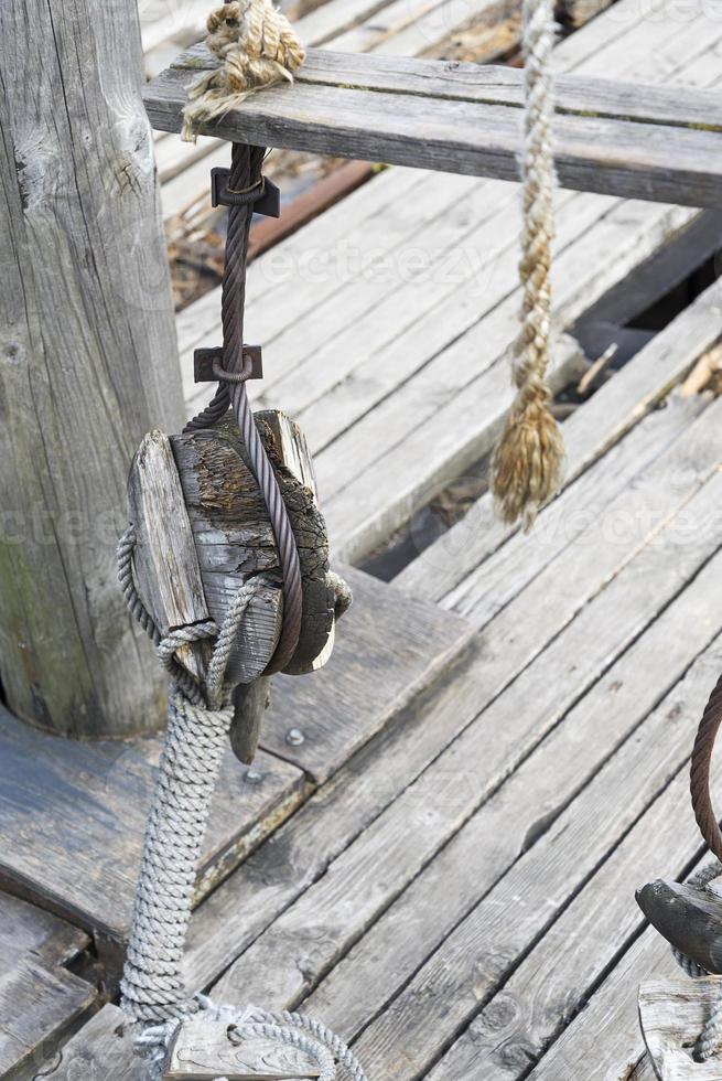 The rope on the rafter of an old wooden ship. photo