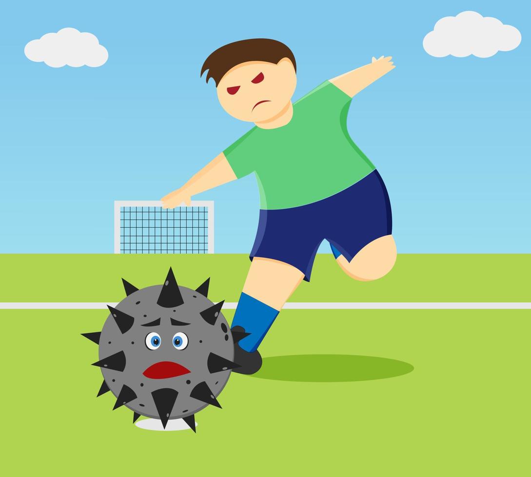 Illustration vector design of a man who is kicking the virus as ball.