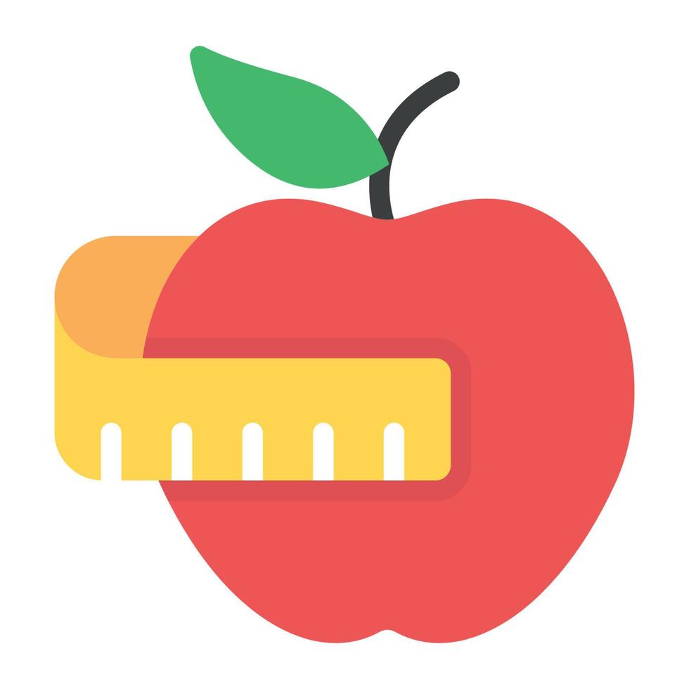 Inches tape around apple depicting diet measurement concept in flat icon vector