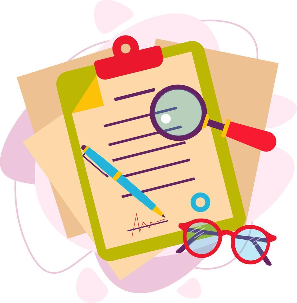 Verification of documents. Accounting documentation, business research, financial audit, analysis of report data. Vector illustration in a flat style