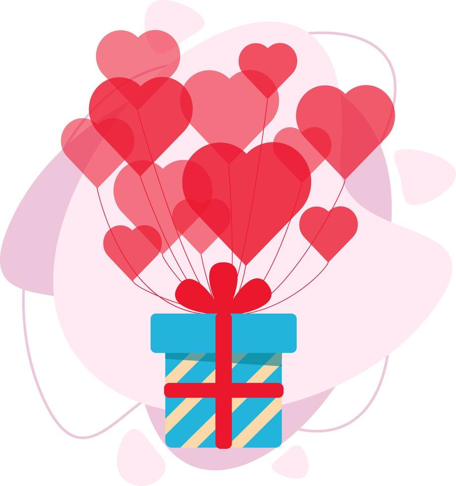 Balloons hearts. A gift box is flying on balloons. Vector illustration in a flat style.