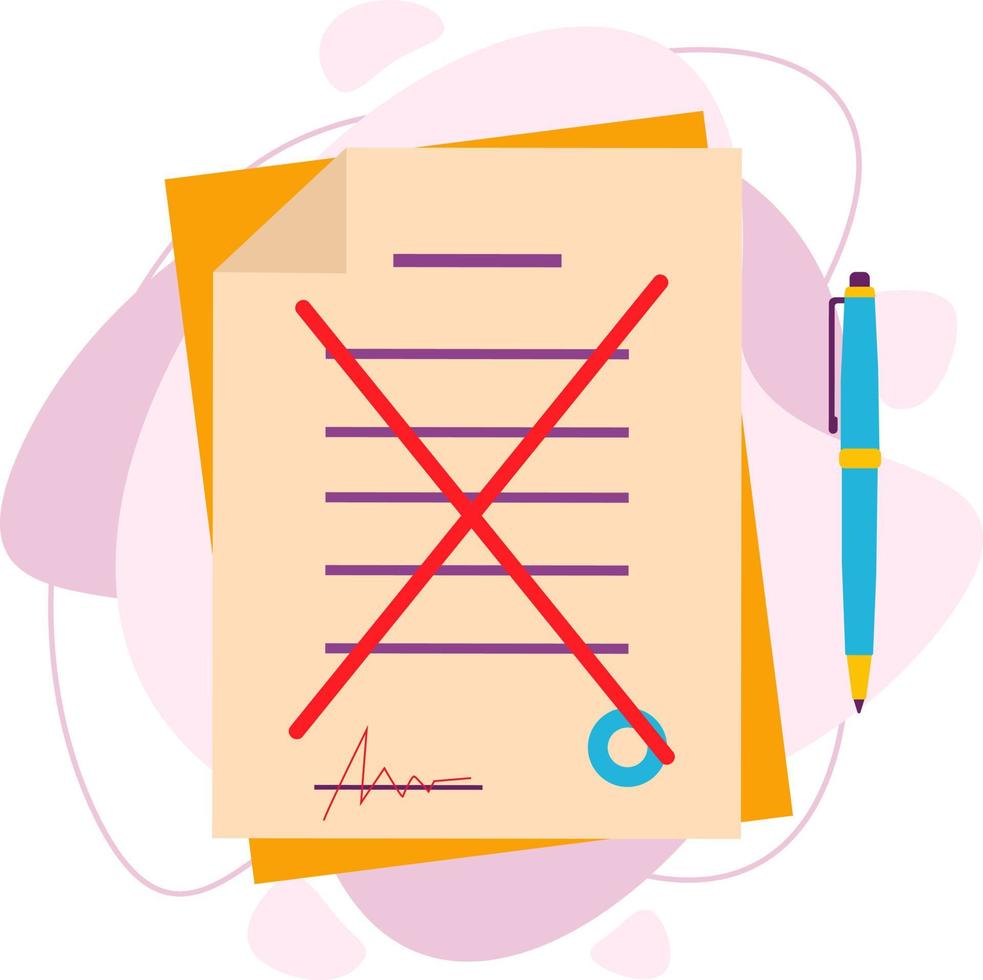 Termination of the contract. The contract was crossed out with a red pen. Vector illustration in a flat style. A bad deal. Violation of the terms of the commercial agreement.