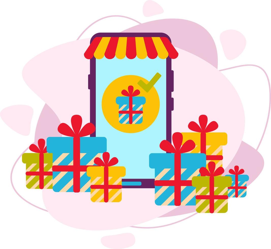Illustration of a mobile online store. Buying gifts for the holiday. A lot of gifts behind the phone and in front of it. Vector illustration in a flat style.