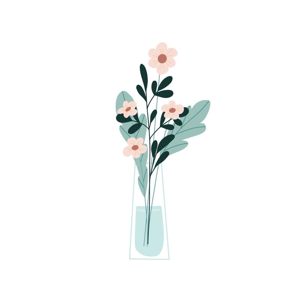 Floristic arrangement of beautiful flowers in a glass vase. An elegant bouquet of delicate flowers. Cartoon flat vector illustration isolated on white background.