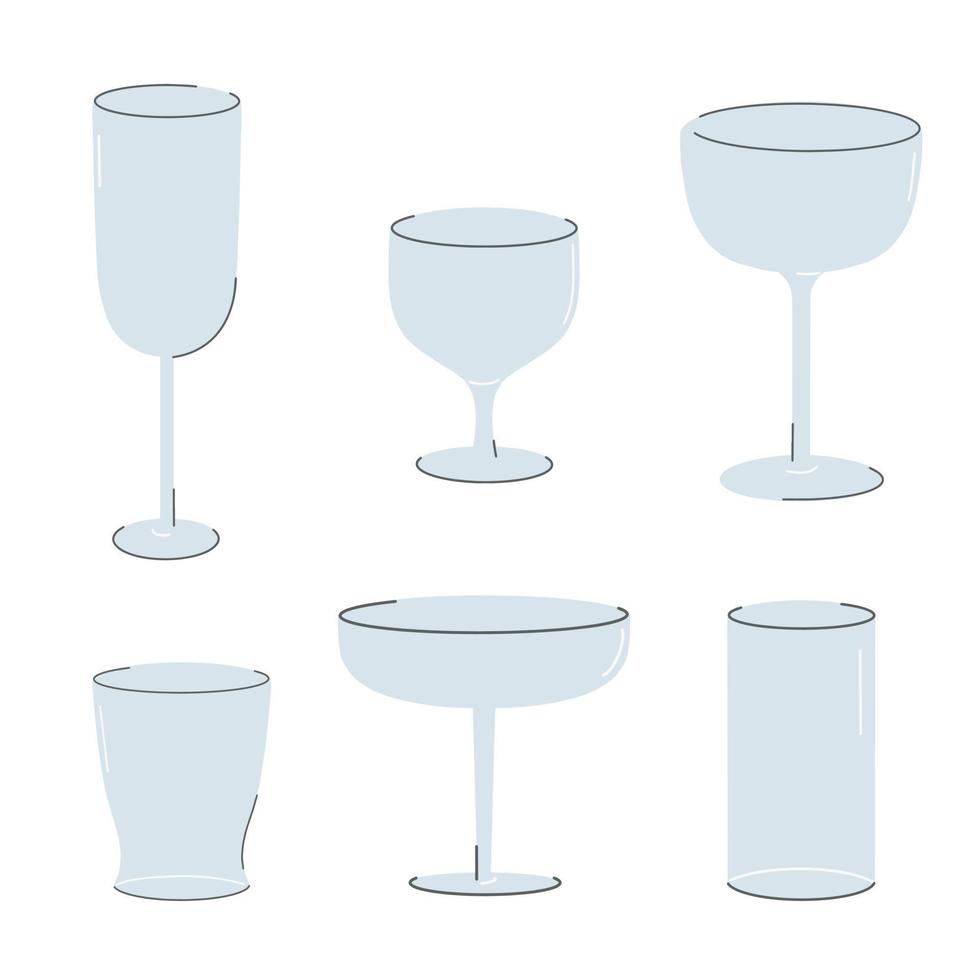 conjunto de dibujos animados copas de vino y vasos vector ilustración plana. colección de diferentes tipos de recipientes de vidrio aislado sobre fondo blanco.