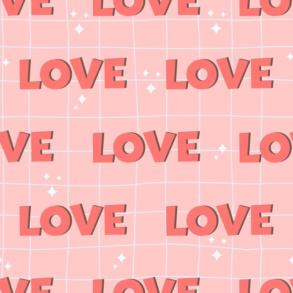 Seamless pattern with the inscription - love- on pink background. Decorative backdrop with love, passion and romance symbols. Vector illustration for 14 February.