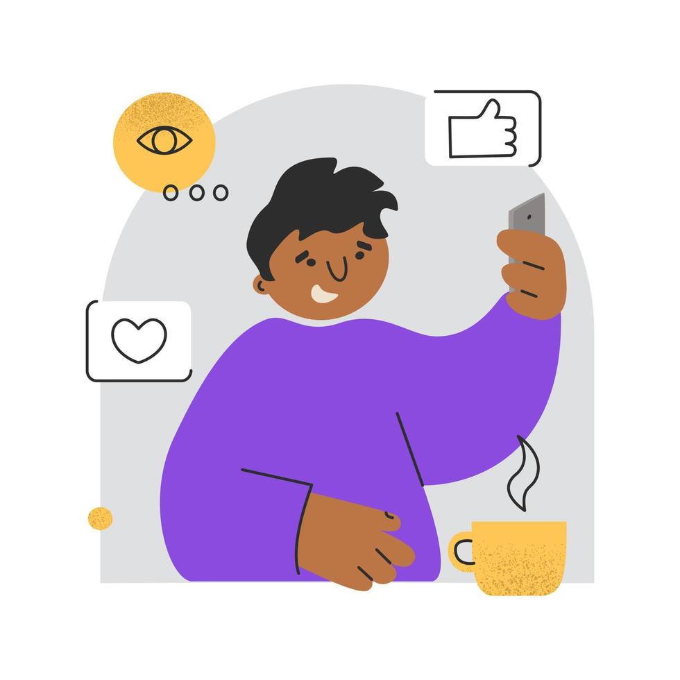 Funny guy blogger Smiling man is talking, filming live video in front of smartphone, vector illustration. Cute man with a cup of tea sharing content with followers.