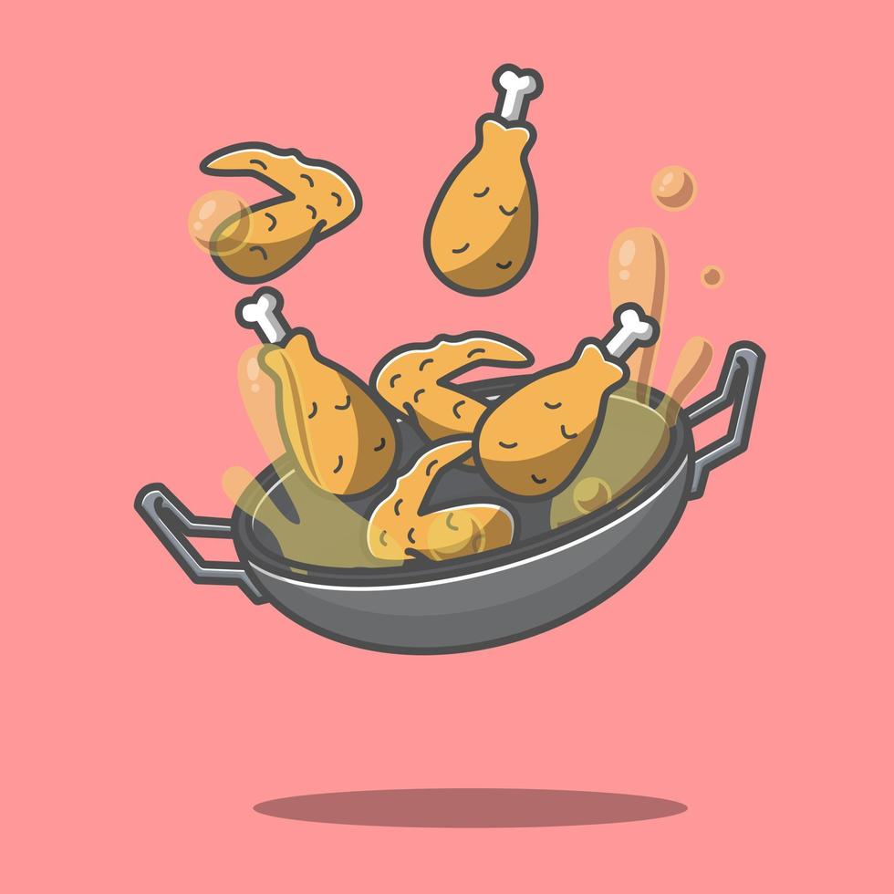 Ilustración de pollo frito con una sartén vector