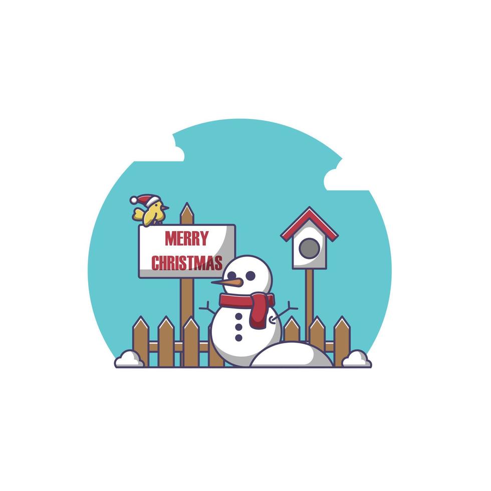 saludos navideños de un muñeco de nieve y un pájaro vector