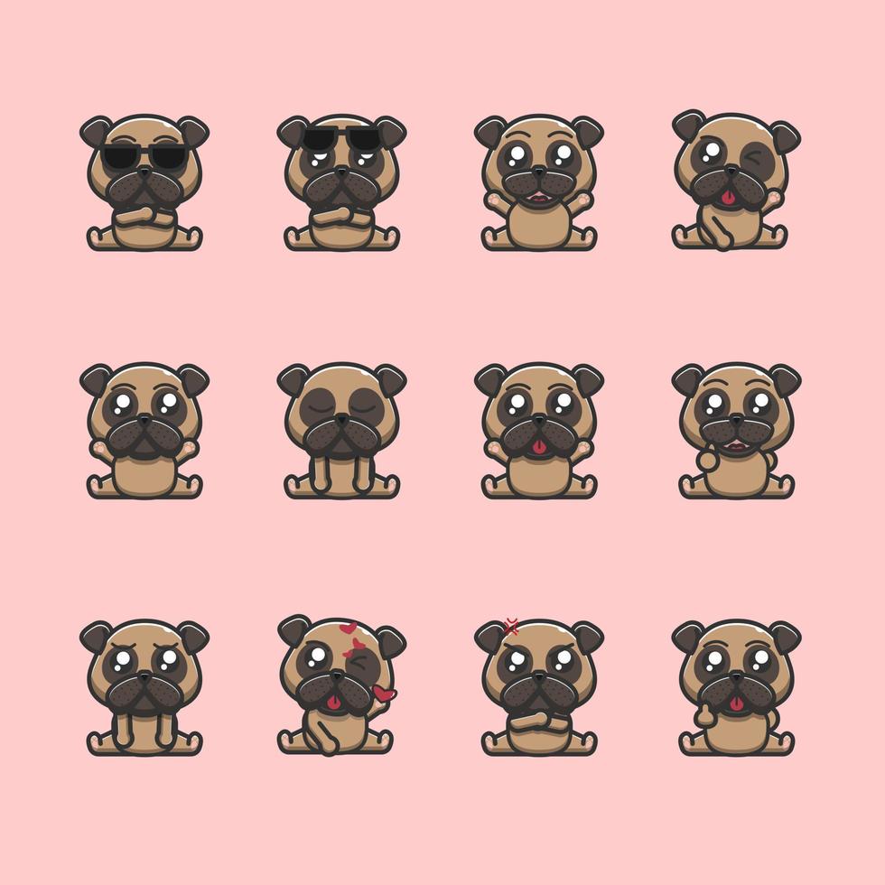 12 expresiones de perro pug, paquete de emoticonos de perro pug vector