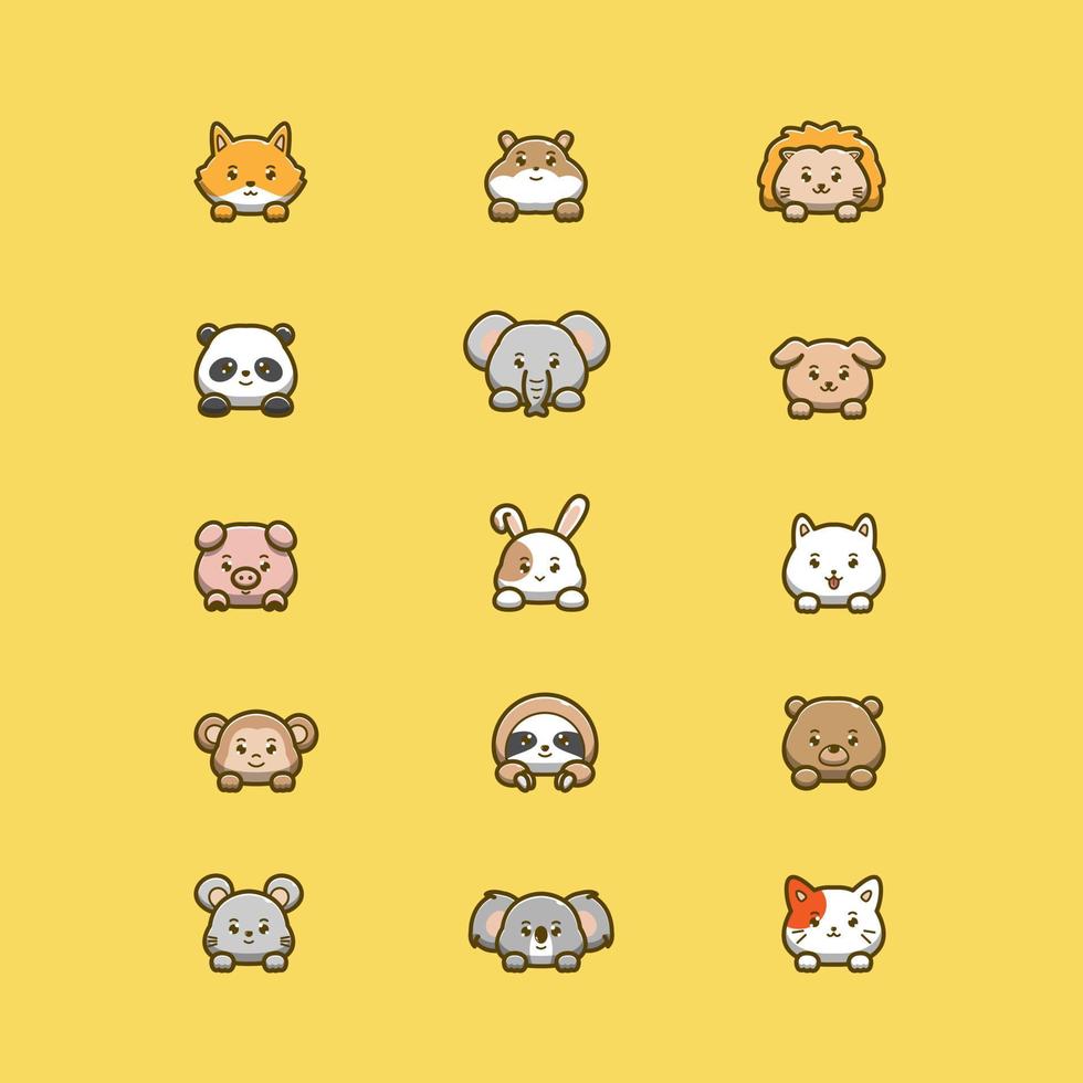 15 cute animal head icons vector