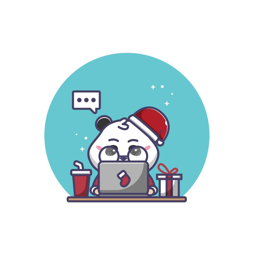 christmas panda using laptop vector