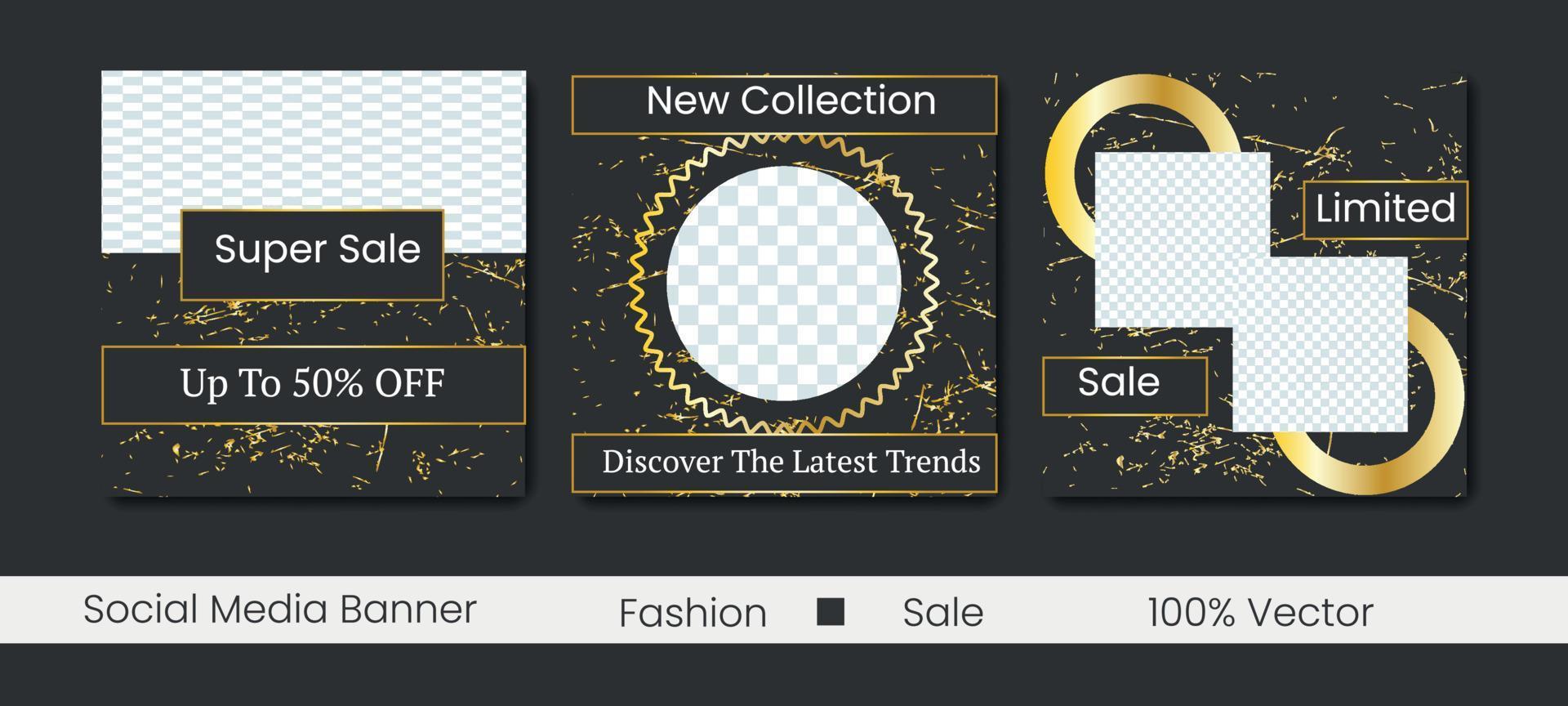 Social media post collection for fashion sale. for Gold and jewelry. Template post for ads. design with yellow gold and black colour vector