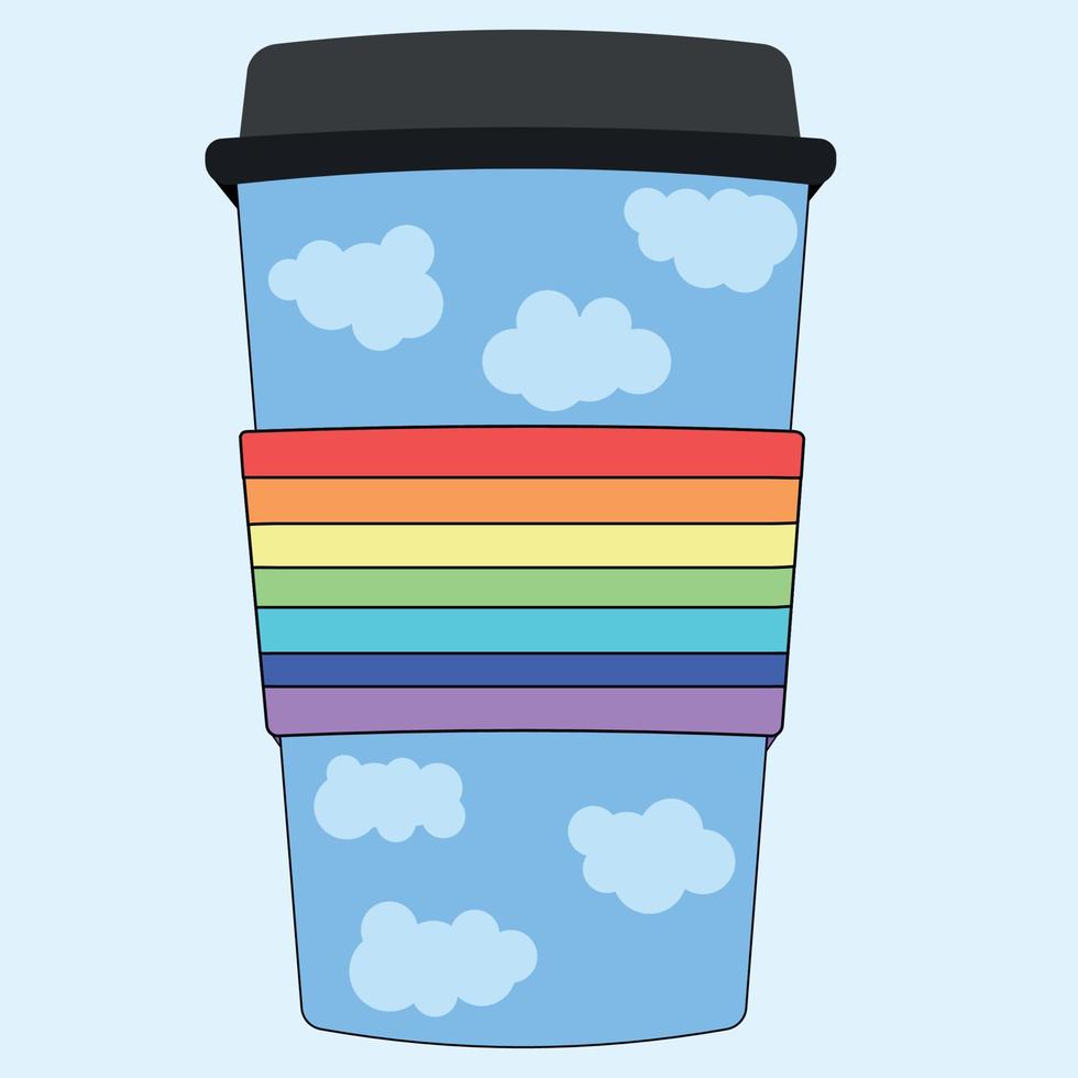 taza de bebida caliente desechable diseño personalizado de cielo azul con nubes y arco iris vector