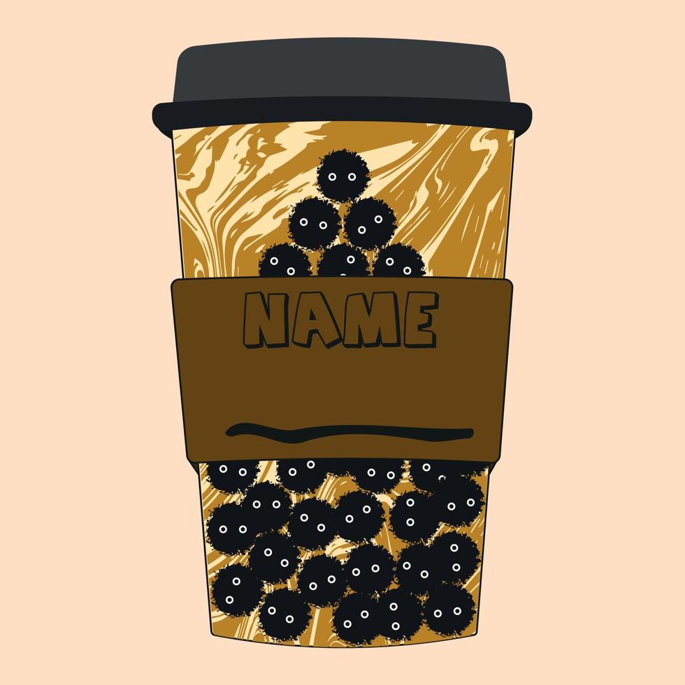 Custom Designed Disposable Hot Drink Cup Featuring Cute Black Furry Creatures and Name Plates vector