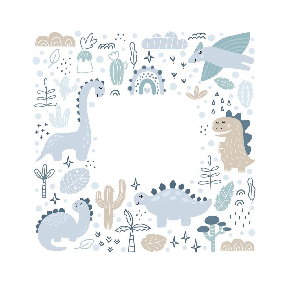 Circle Vector frame with dinosaurs and hand lettering dino with place for your text on white background. Greeting card, poster design scandinavian element