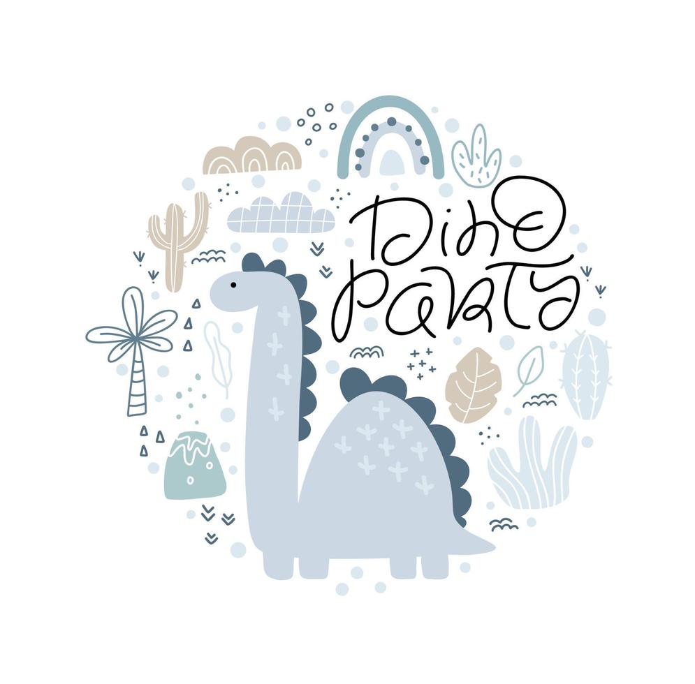 Tarjeta de felicitación redonda con lindos dinosaurios, palmeras y cactus y texto de letras Dino Party. diseño infantil para ropa de póster de invitación de cumpleaños, arte de pared de guardería y tarjeta vector