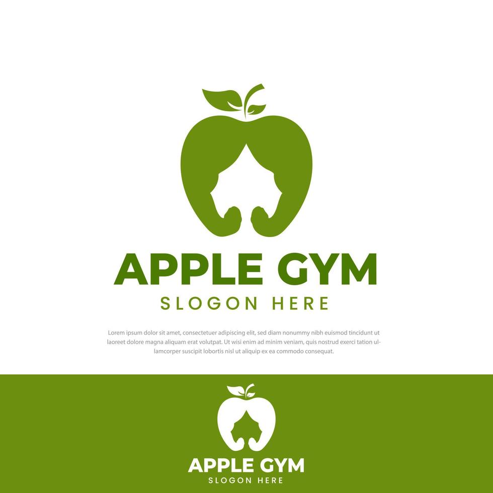 Strong green apple logo. Muscular apple vector. Strong apple isolated on a white background. Apple with muscle arm clip art vector