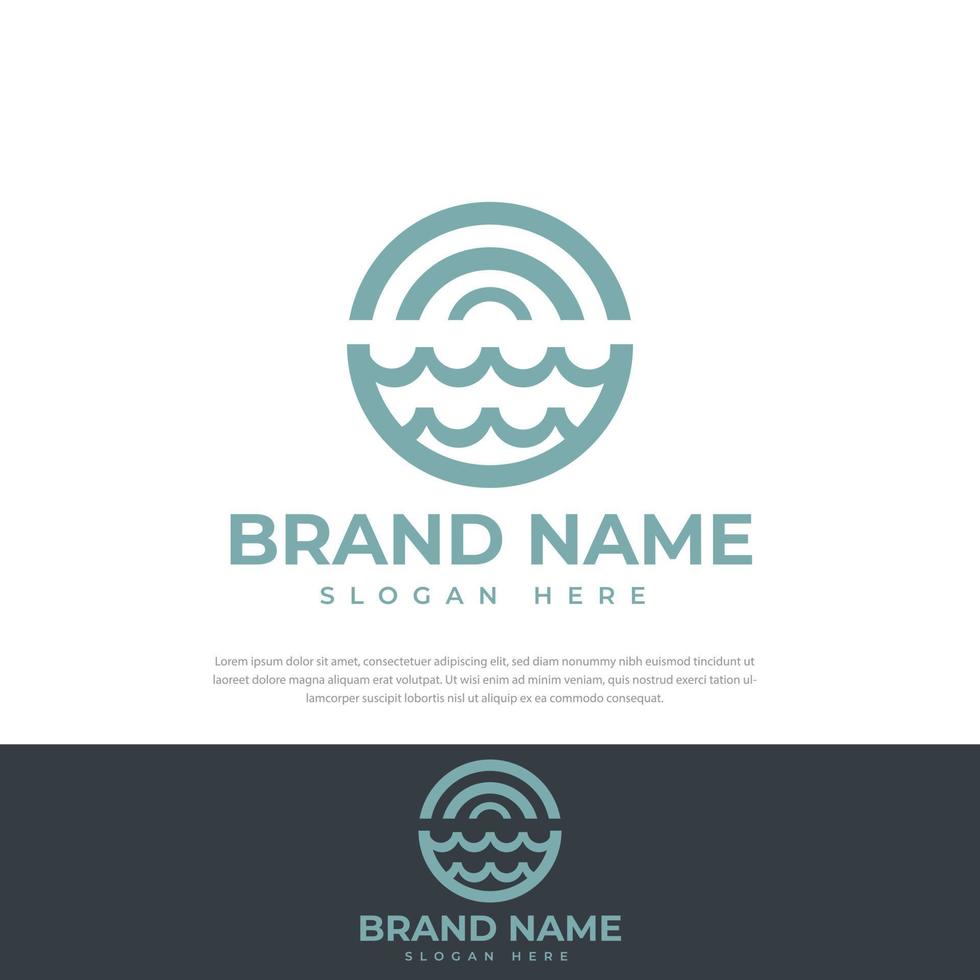 Ocean Wave and Vintage Sun Circling Logo. Flat Vector Logo Design Template Elements.symbol,icon design