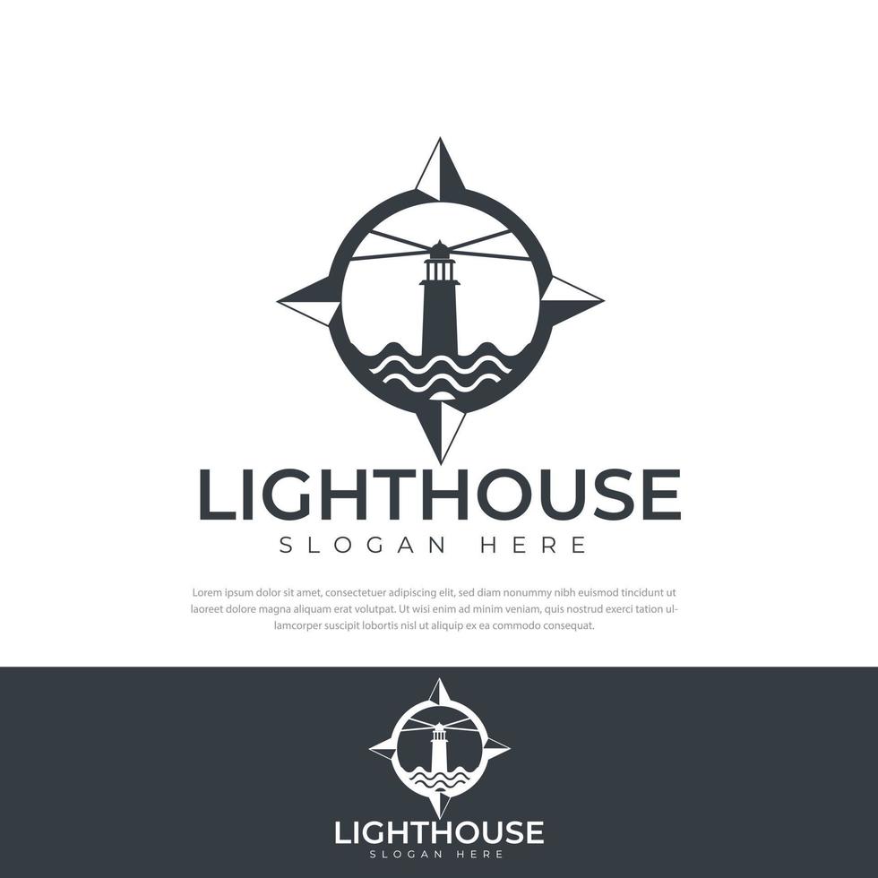 Lighthouse and wave Logo Design With Compass Design Premium Vector Illustration