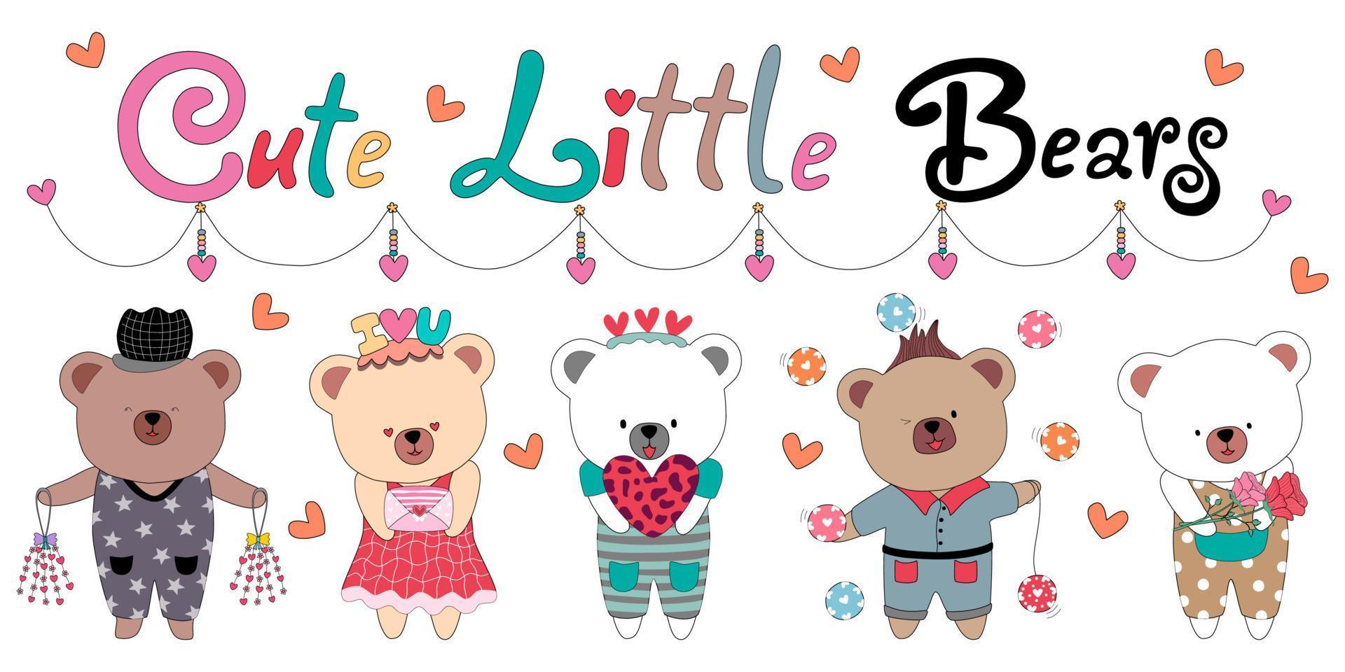 Vector illustration set cute little bear with decorations In Valentines themes