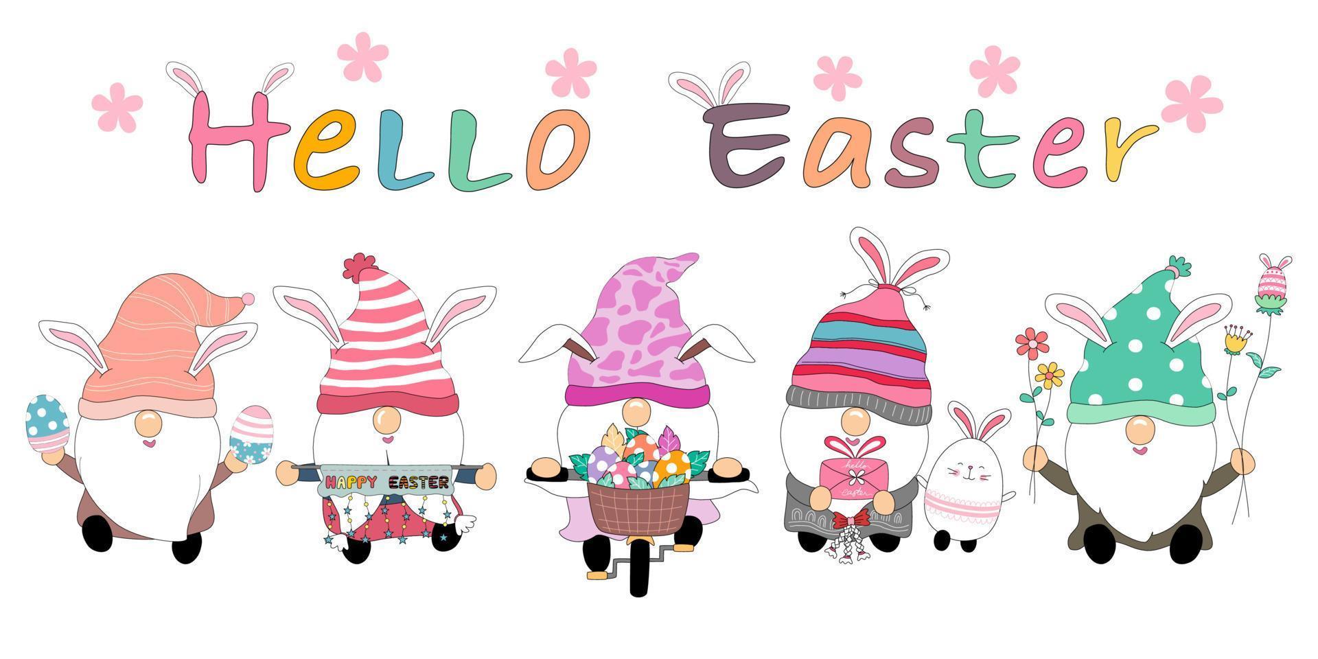 Hello  Easter set with cute gnomes This Easter theme designed with doodle style is perfect for decorations vector