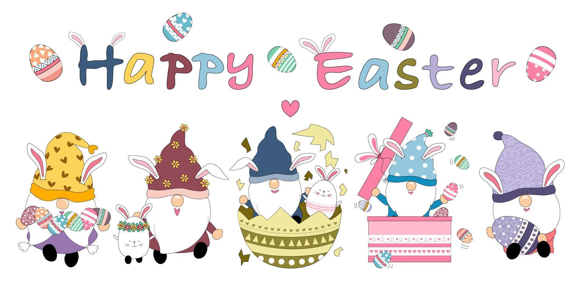 Happy Easter set with cute gnomes This Easter theme designed with doodle style is perfect for decorations vector