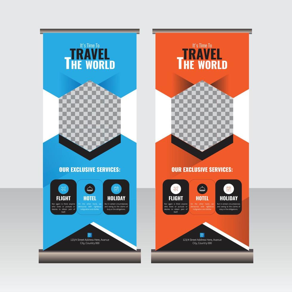 Tour and travel roll-up stand banner vector template. Roll up banner for travel agencies or airlines. Travel Advertisement, display, pull up, x-stand, flag-banner