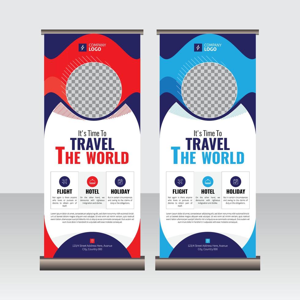 nuestra plantilla de vector de banner de soporte enrollable y de viaje. pancarta enrollable para agencias de viajes o aerolíneas. publicidad de viajes, pantalla, pull up, x-stand, flag-banner