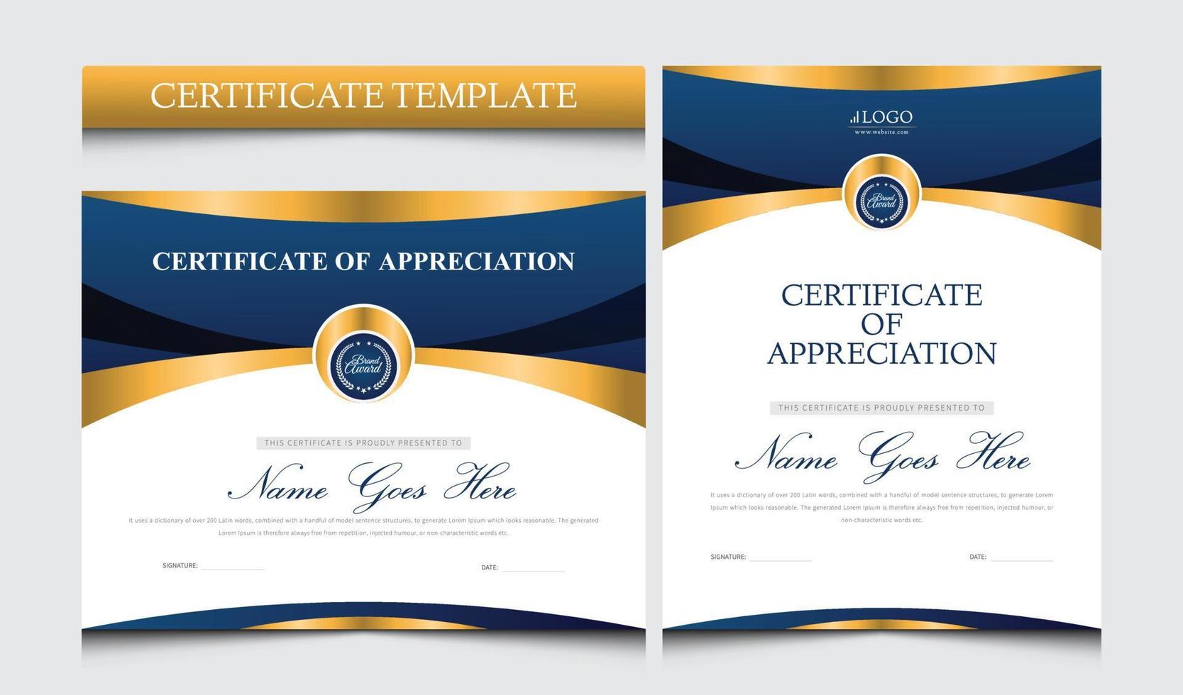 Print Certificate of appreciation design. Blue and gold certificate of appreciation border template with luxury shape. Diploma  certificate vector template