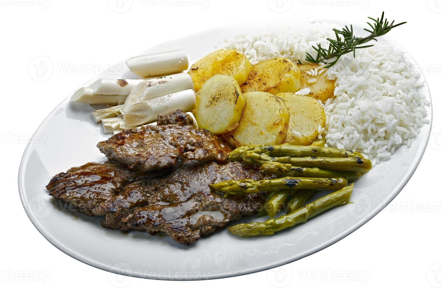 Beef asparagus, potatoes and rice photo