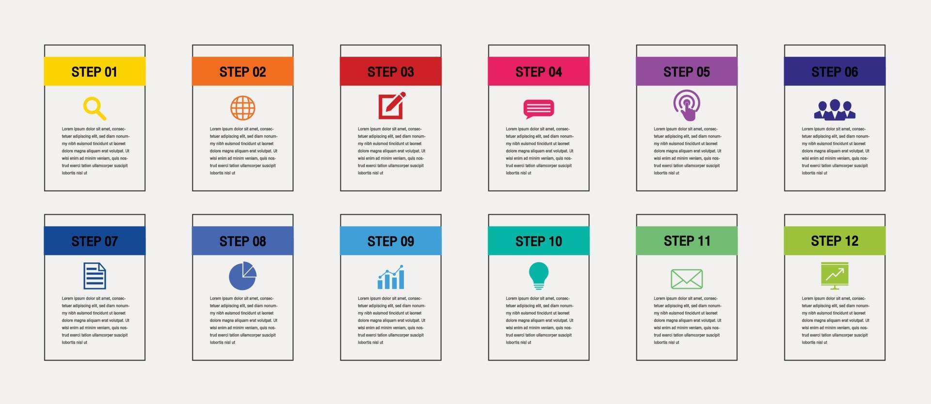 twelve timeline infographic template.Presentation business infographic template with 12 options vector