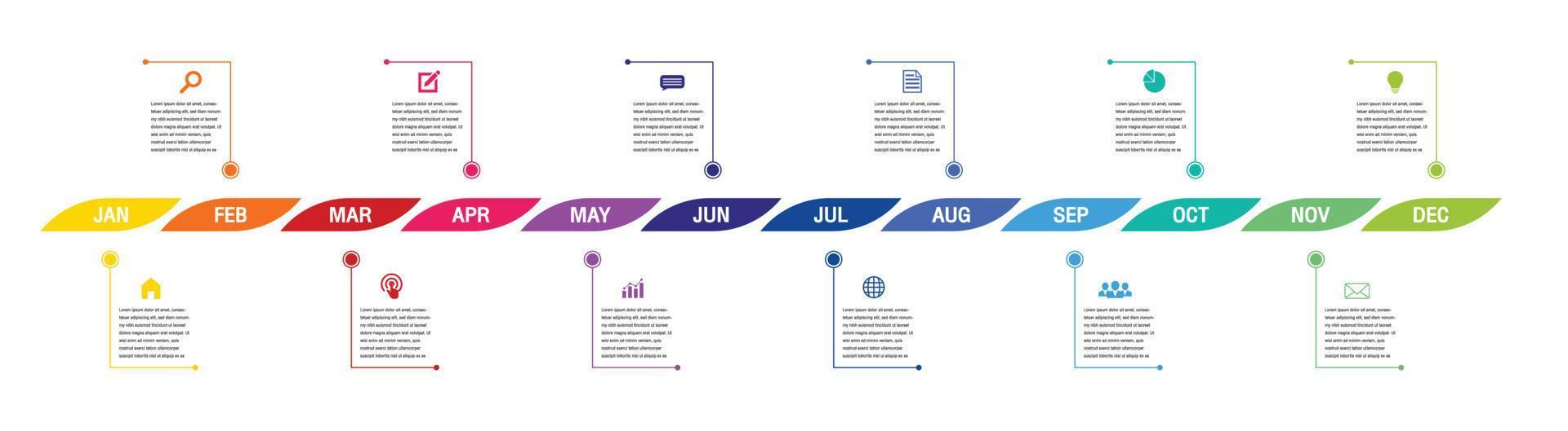 Infografía de línea de tiempo de 12 meses o 1 año, infografía de línea de tiempo para informe anual y presentación, vector de diseño de infografía de línea de tiempo y negocios de presentación.