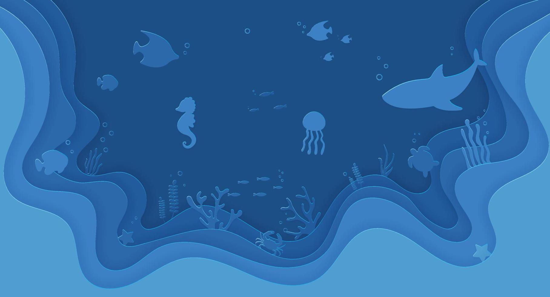 cueva marina submarina cortada en papel con peces, medusas, caballitos de mar, algas, estrellas de mar en algas, olas. Día mundial de los océanos 8 de junio. concepto de buceo, vector de estilo profundo cortado en papel.