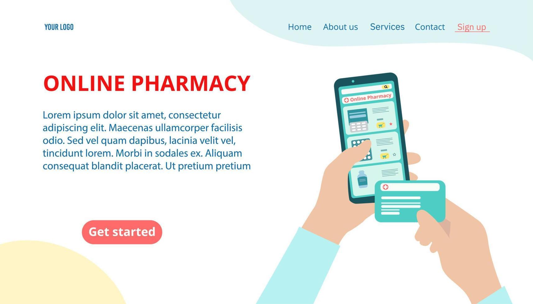 Online pharmacy, e-commerce concept for a website and mobile site. Landing page template, banner. Modern flat design. Vector illustration isolated on a white background.