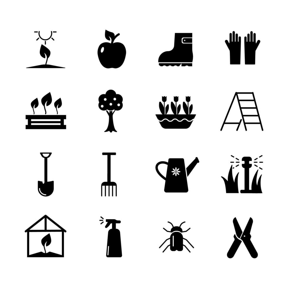 Gardening icon set. Solid vector black icon isolated on a white background. Logo illustration. Symbol of a garden or farm. Glyph sign for mobile concept web design and infographics.