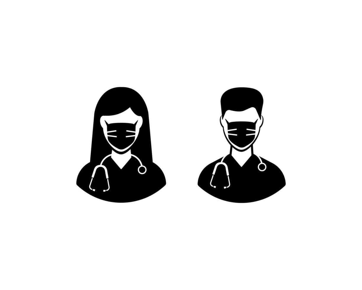 Male and female doctors in protective masks with a stethoscopes. Solid black symbol of the Medical Team. Vector illustration isolated on a white background.