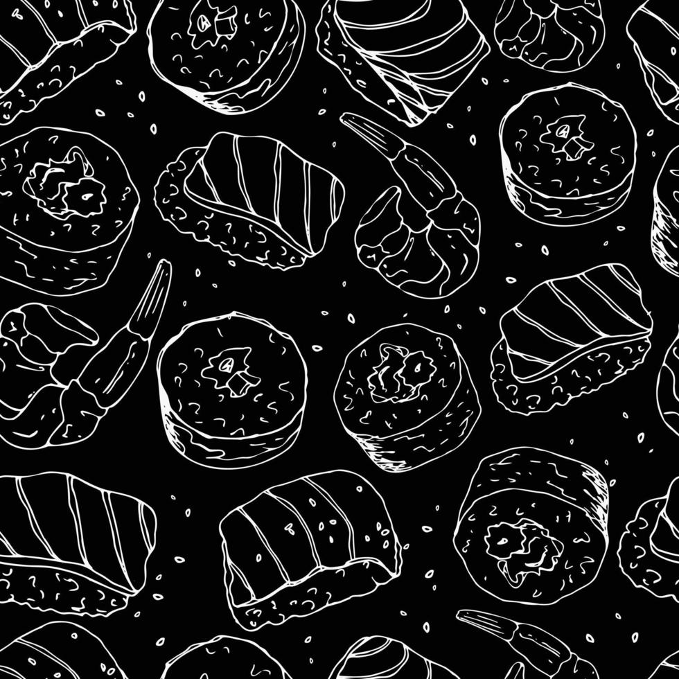 Seafood seamless pattern. Sushi, rolls, shrimp. Elements for a Japanese cuisine menu on a chalkboard. Hand-drawn background for the menu of cafes, restaurants, packaging paper. vector