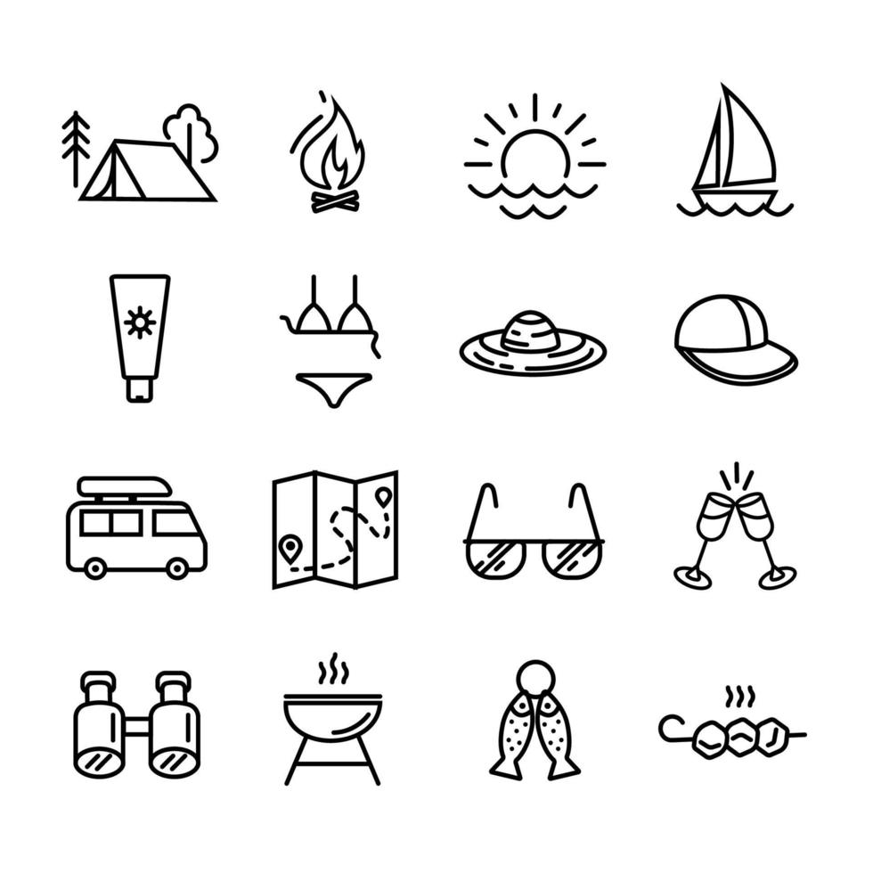 recreación, camping y viajes. un conjunto de iconos vectoriales. contorno negro audaz aislado en un fondo blanco. vector