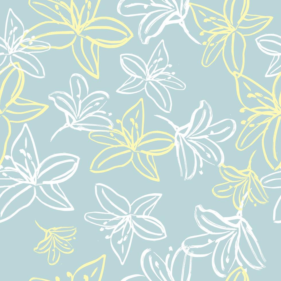 fondo floral dibujado a mano. patrón transparente de vector en estilo de fideos. flores amarillas y blancas sobre un fondo gris. ideal para tela, textiles para el hogar.
