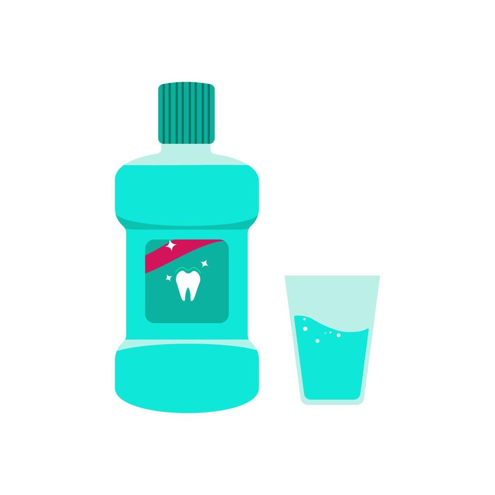 A bottle of mouthwash and a cup. Mint liquid for rinsing the mouth. Dental and oral care. Vector illustration in flat style isolated on a white background.