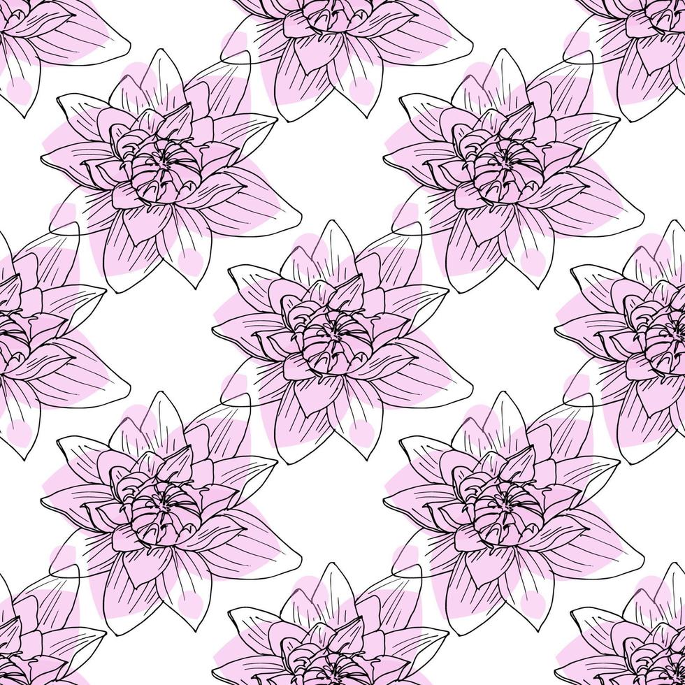 Hand drawn Lotus flower seamless pattern. Drawn black outline and abstract pink spots on a white background. Floral beautiful background in sketch style. Design for fabric, Wallpaper, wrapping paper. vector